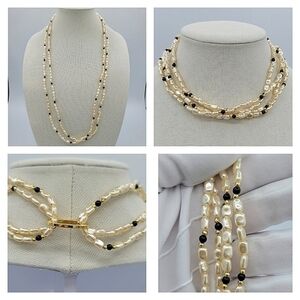 Vintage Faux Pearl Necklace Black Beads Rectangular Pearls With Loop #750